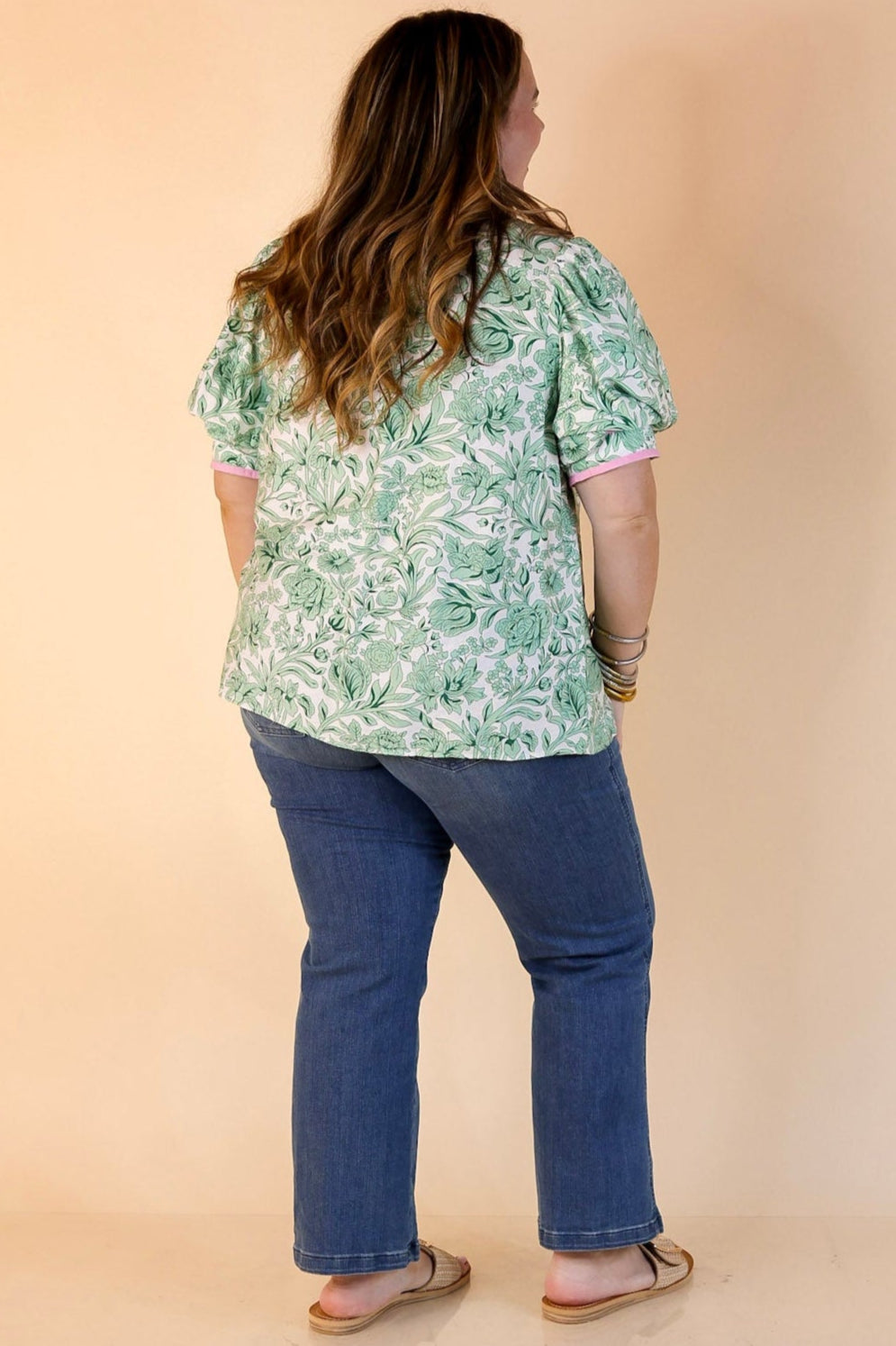 Blush and Bloom Floral Print Top with Short Puff Sleeves in Green