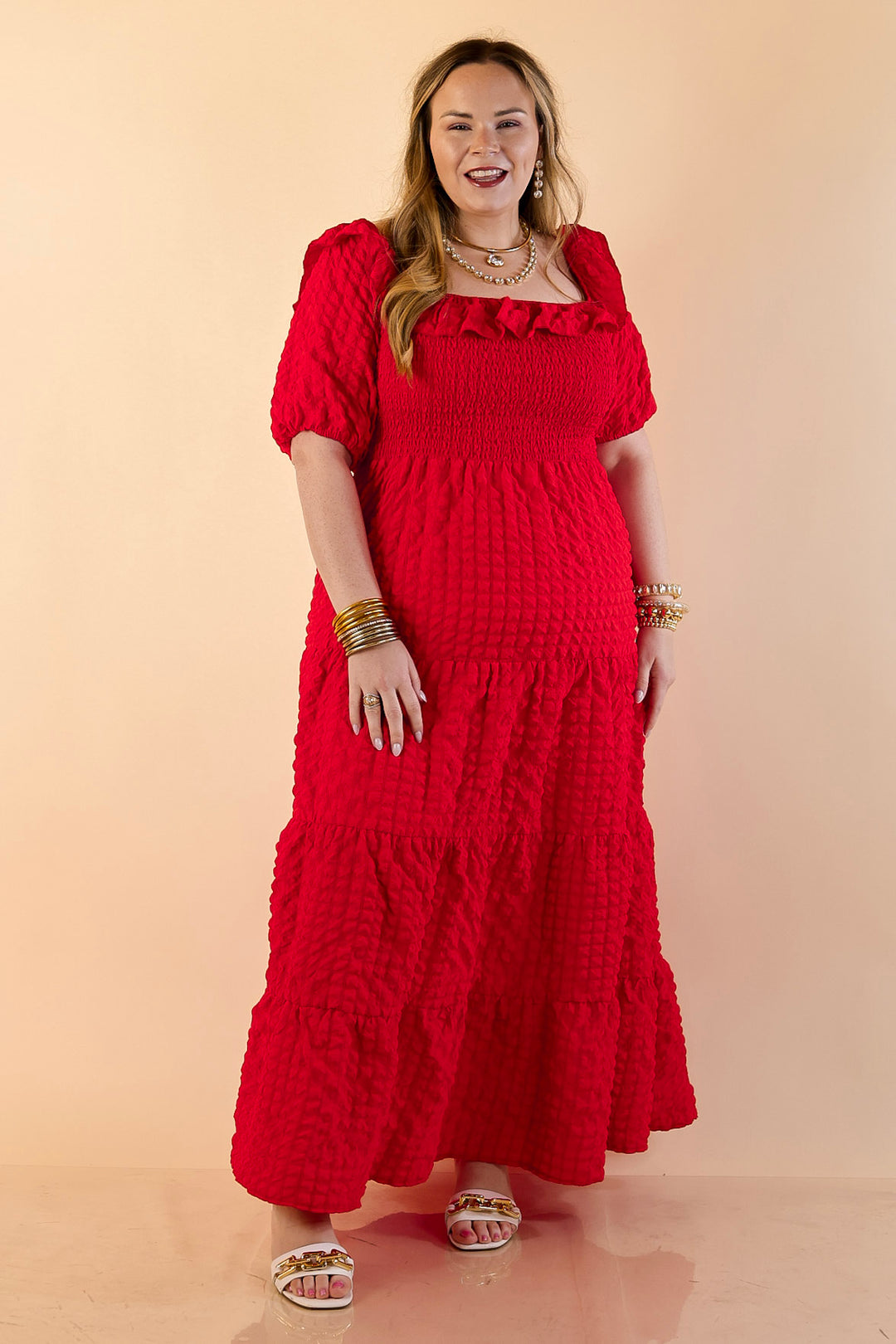 Simply Southern | Radiant Moment Textured Smocked Bodice Tiered Maxi Dress with Puff Sleeves in Red