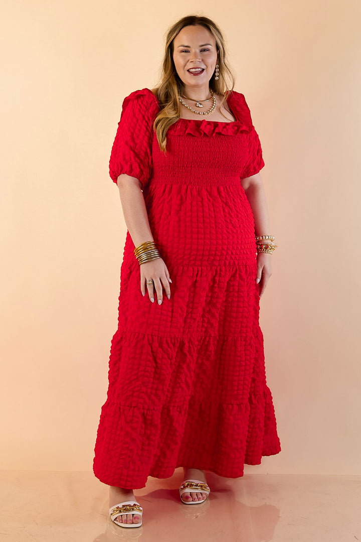 Simply Southern | Radiant Moment Textured Smocked Bodice Tiered Maxi Dress with Puff Sleeves in Red