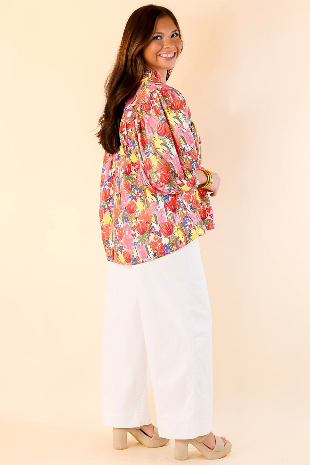 Blissful Bloom Floral Print Top with Puff Sleeves in Pink Mix