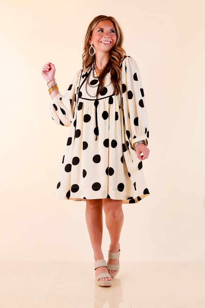 Tea Time Charm Polka Dot Babydoll Dress with Neck Tie and Yoke Detailing in Ivory with Black Dots