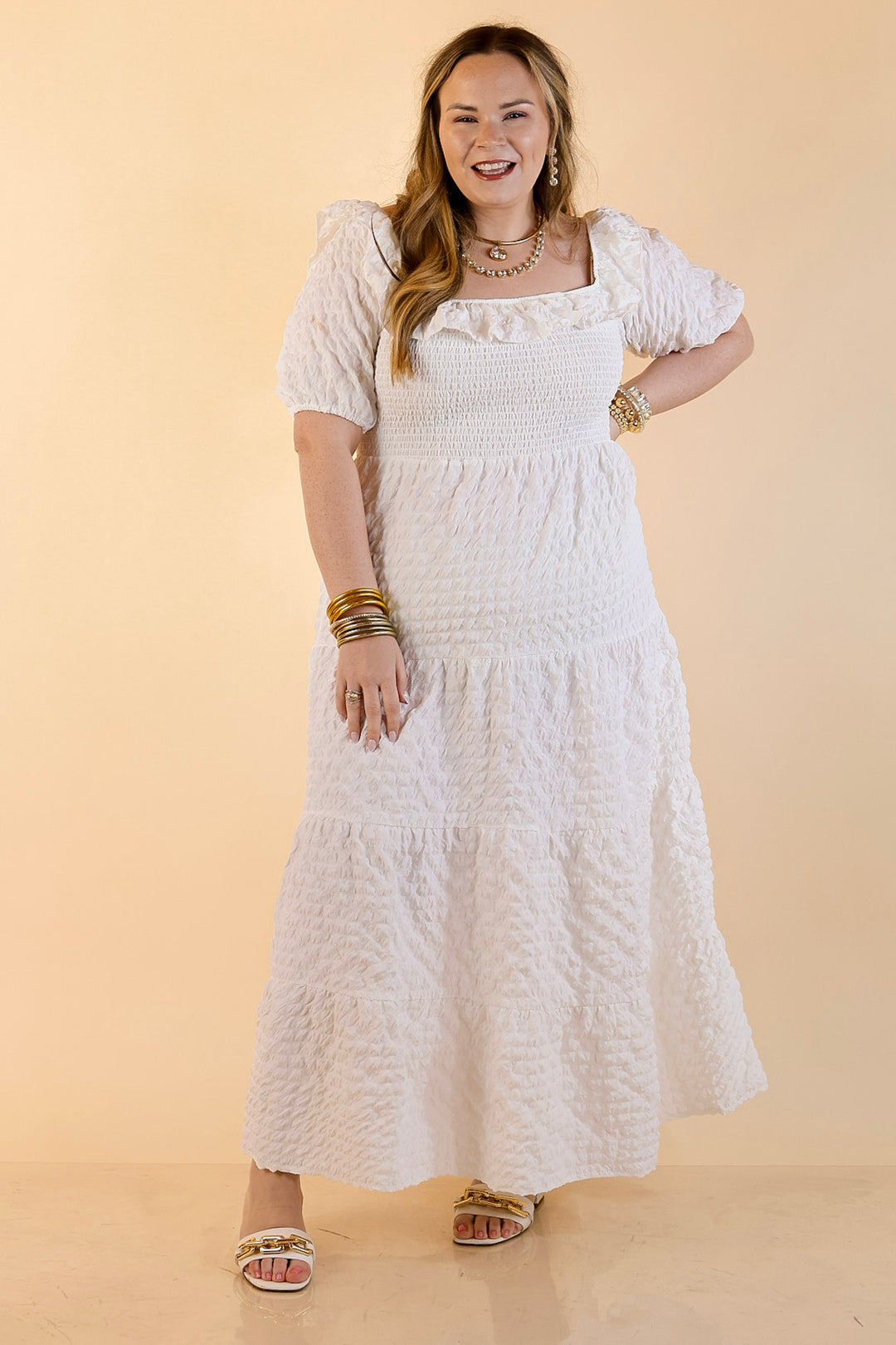 Simply Southern | Radiant Moment Textured Smocked Bodice Tiered Maxi Dress with Puff Sleeves in White