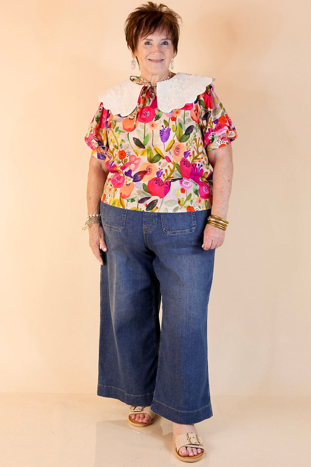 Lovely Look Multicolor Floral Print Top with White Peter Pan Collar