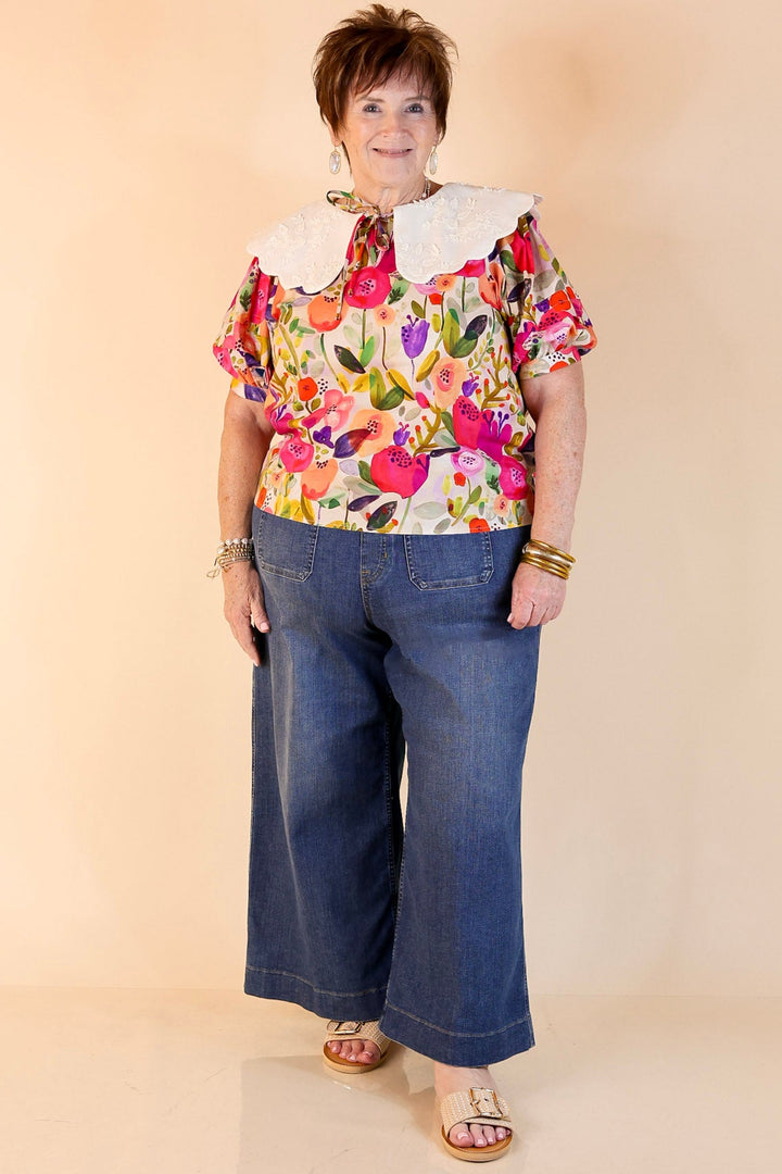 Lovely Look Multicolor Floral Print Top with White Peter Pan Collar