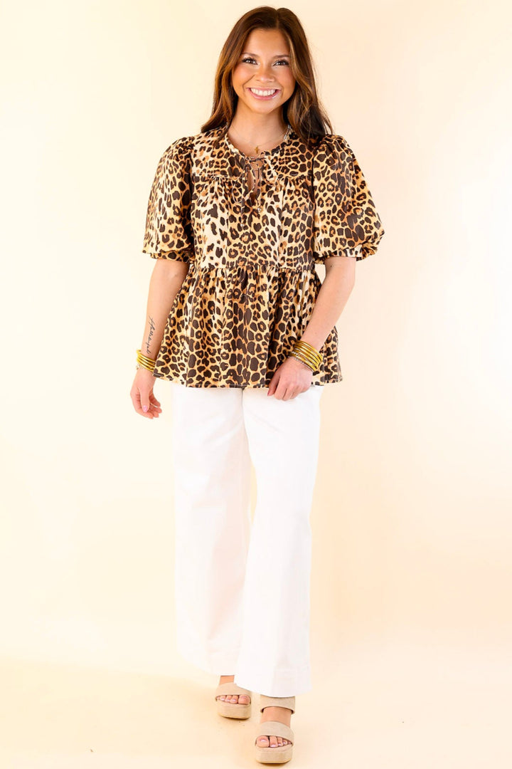 Fierce and Fab Babydoll Top with Short Puff Sleeves in Leopard Print