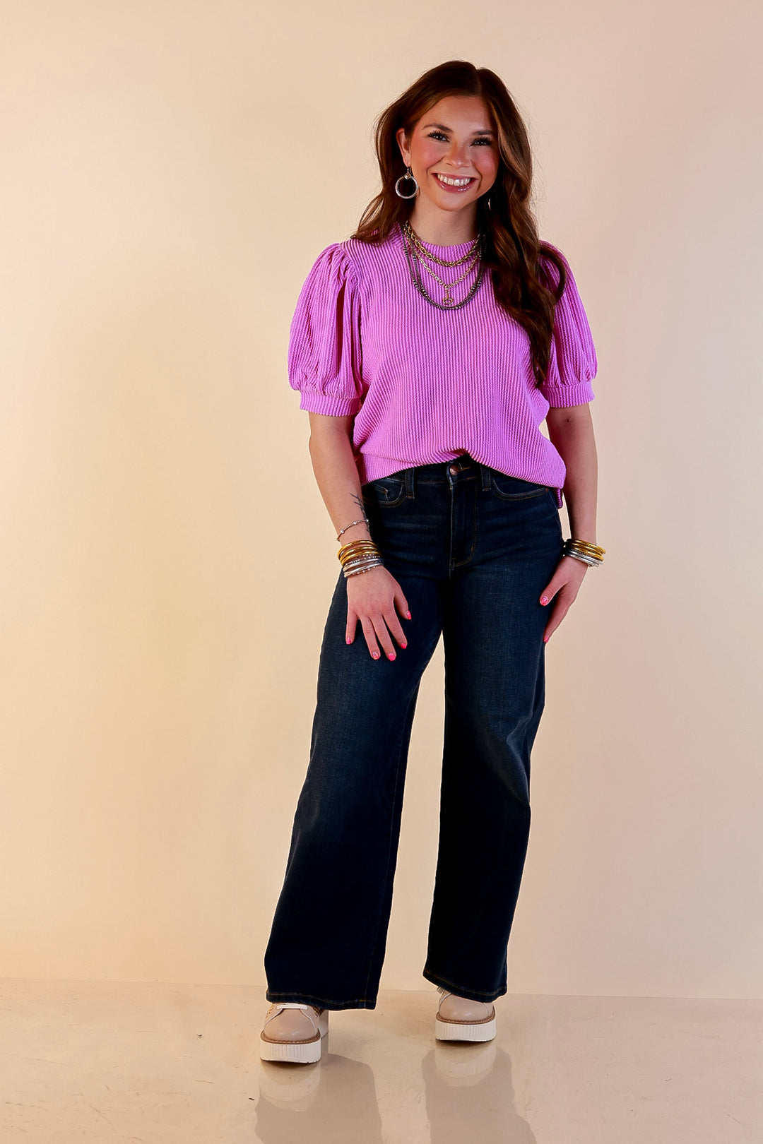 Sweet Sophistication Puff Short Sleeve Ribbed Top with Scoop Neck in Violet Purple