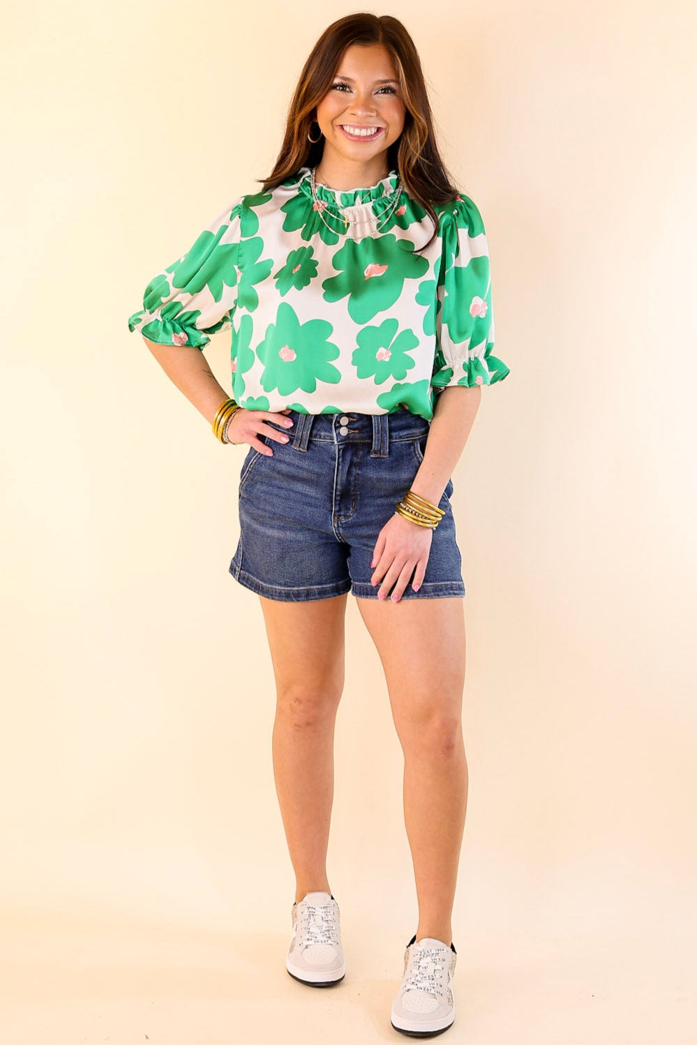 Divine Design Floral Blouse With Puffed Sleeve and Ruffle Neckline in Green