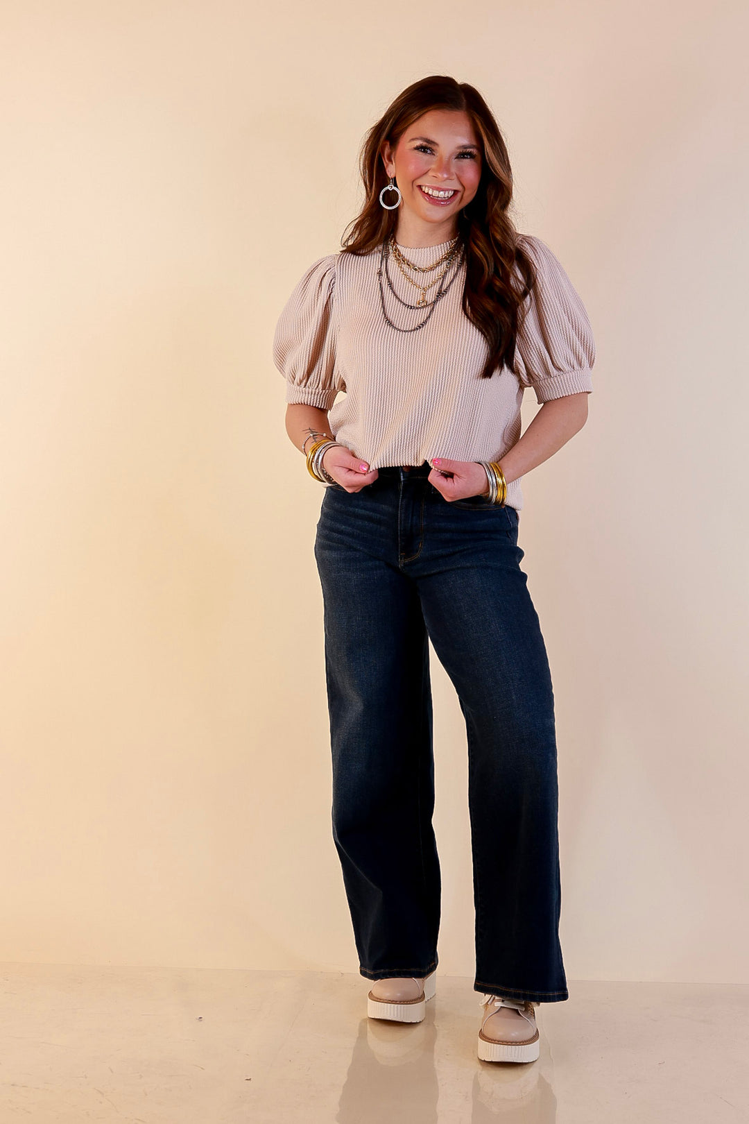 Sweet Sophistication Puff Short Sleeve Ribbed Top with Scoop Neck in Beige