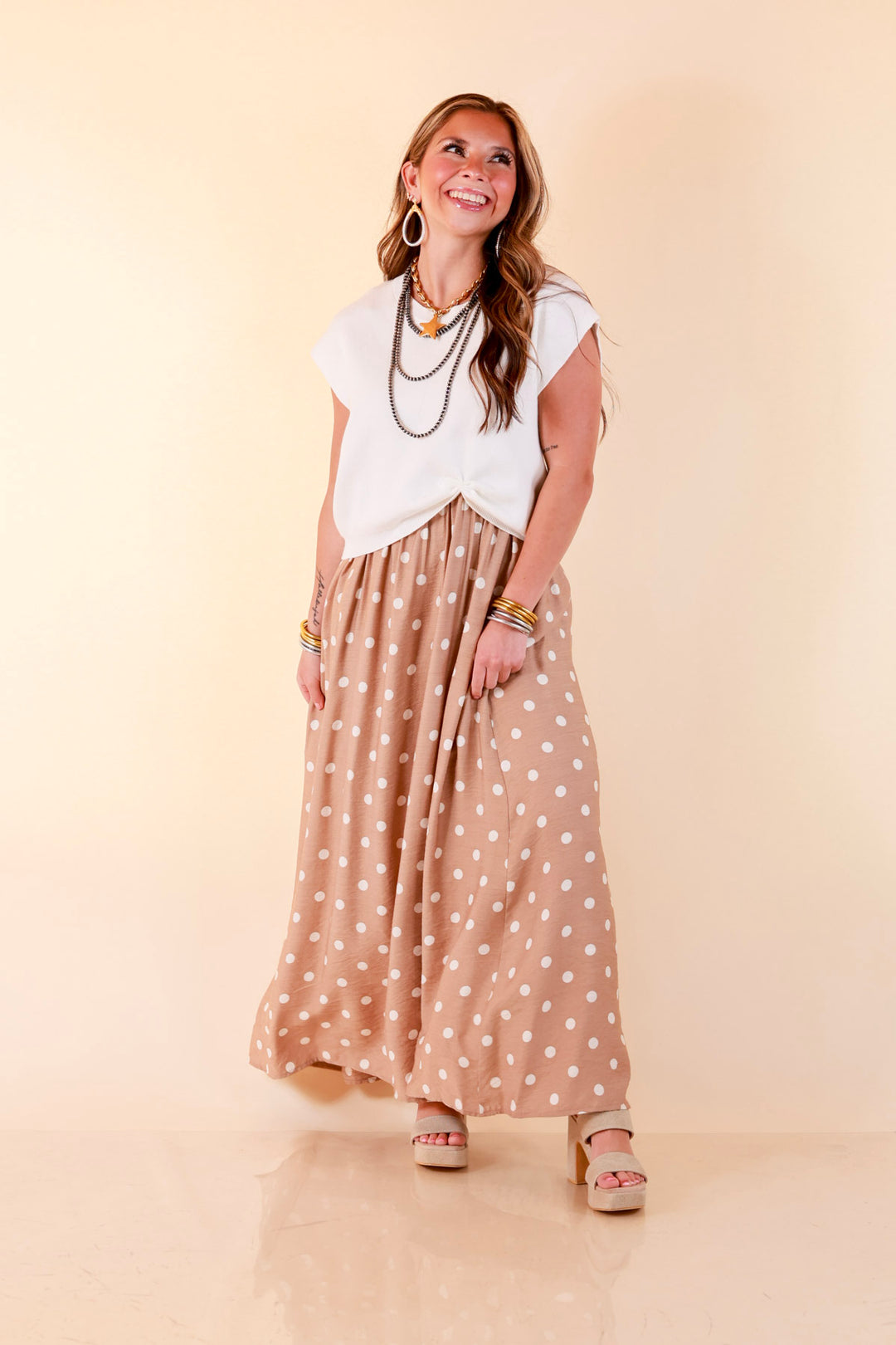 Two Ways to Charm Polka Dot Spaghetti Strap Dress Set with Detachable Ivory Top in Taupe