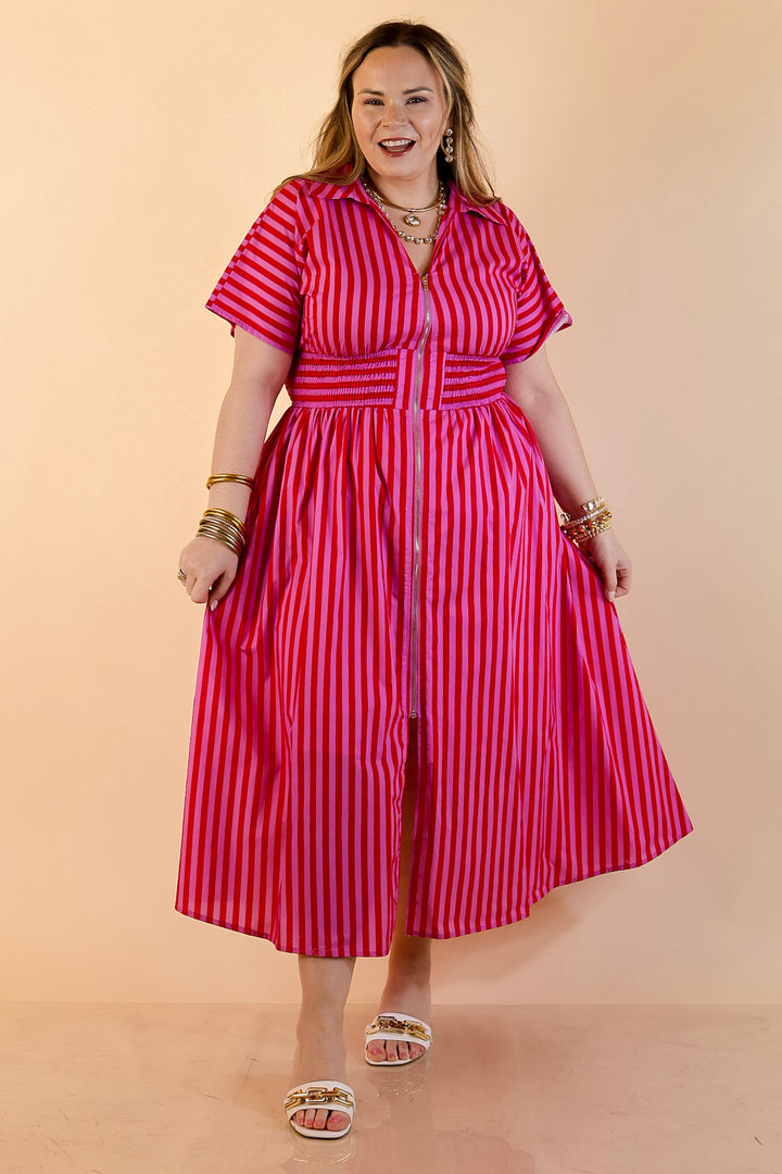Modern Charm Zip Front Midi Striped Print Dress with Smocked Waist and Short Sleeves in Pink and Red