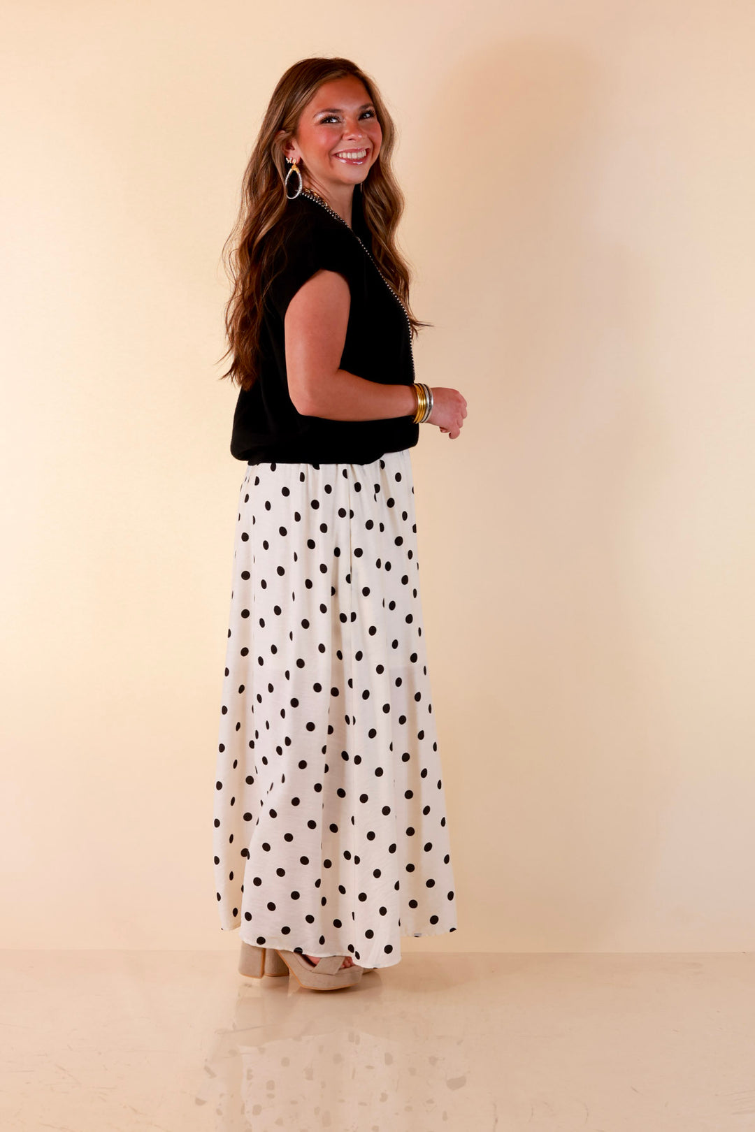 Two Ways to Charm Polka Dot Spaghetti Strap Dress Set with Detachable Black Top in Cream