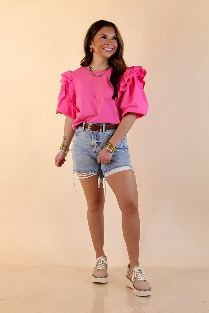 Mud Pie | Standout Style Ruffle Puff Sleeve Knit Top in Hot Pink
