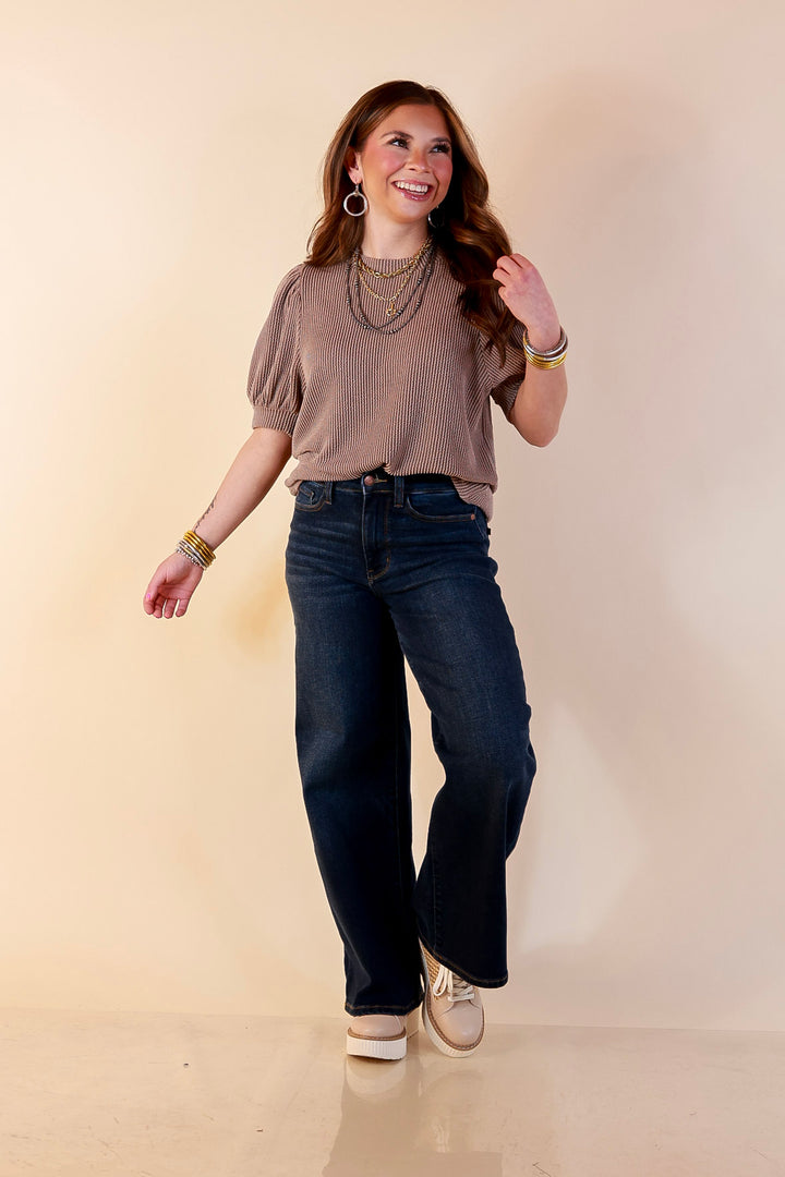 Sweet Sophistication Puff Short Sleeve Ribbed Top with Scoop Neck in Mocha Brown