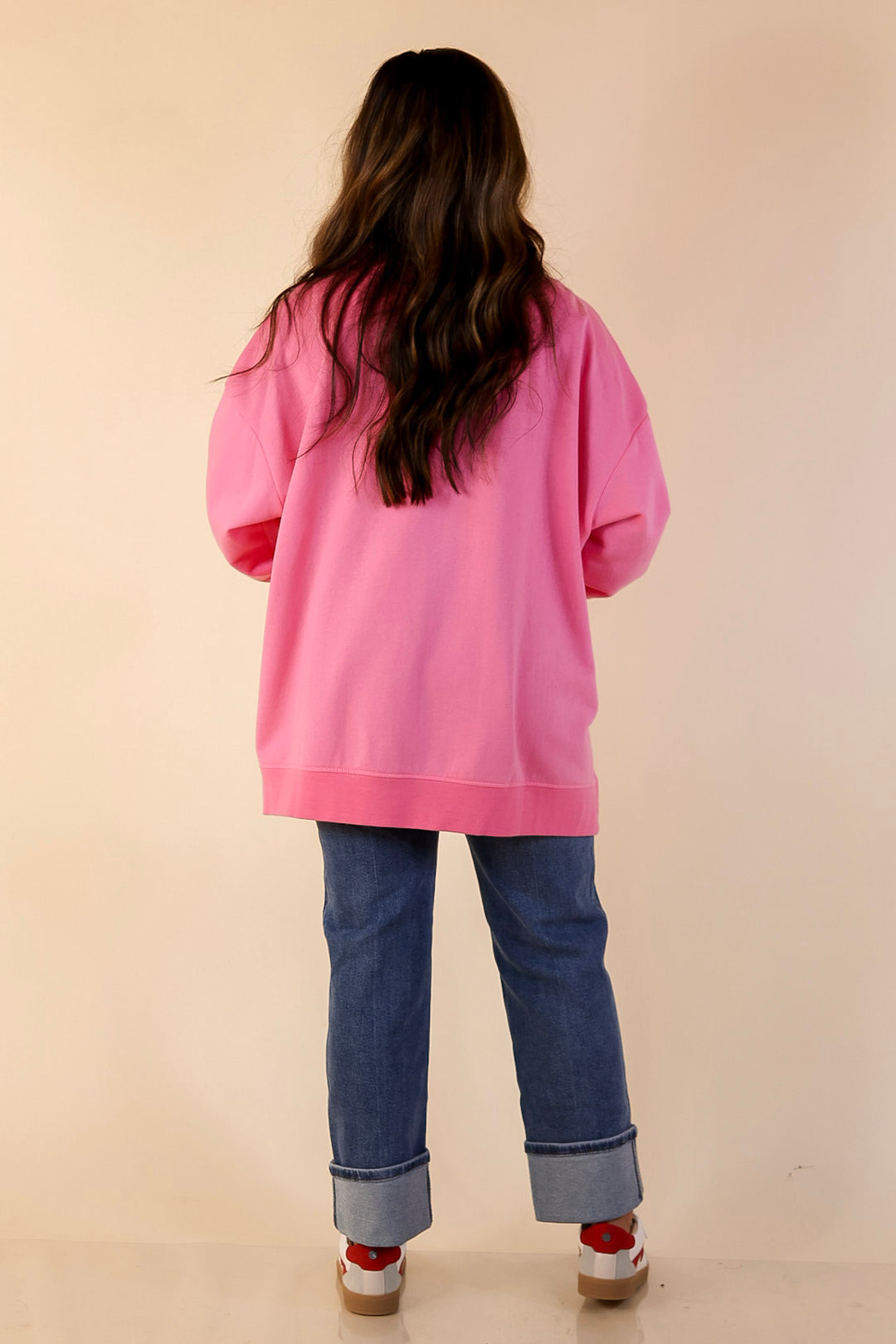 Mud Pie | Sweet on Repeat Oversized Sequin Conversation Hearts Graphic Sweatshirt in Pink