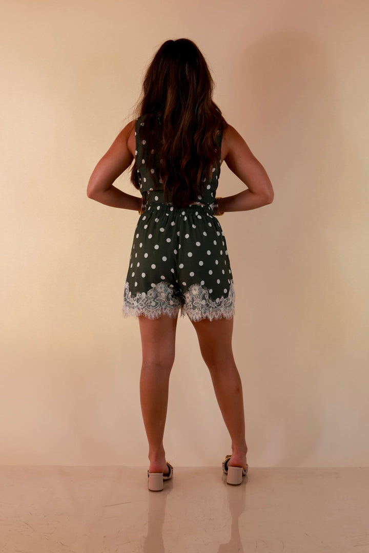 Pretty Little Something Polka Dot Drawstring Shorts with Lace Trim in Olive Green