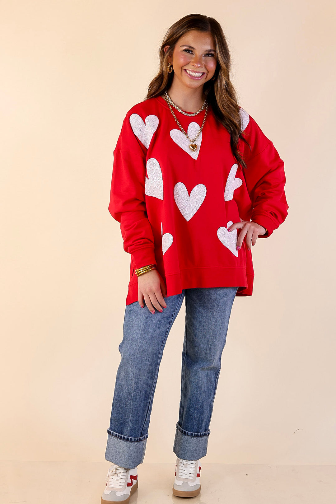 Mud Pie | Heart on My Sleeve Oversized Sequin Hearts Graphic Sweatshirt in Red