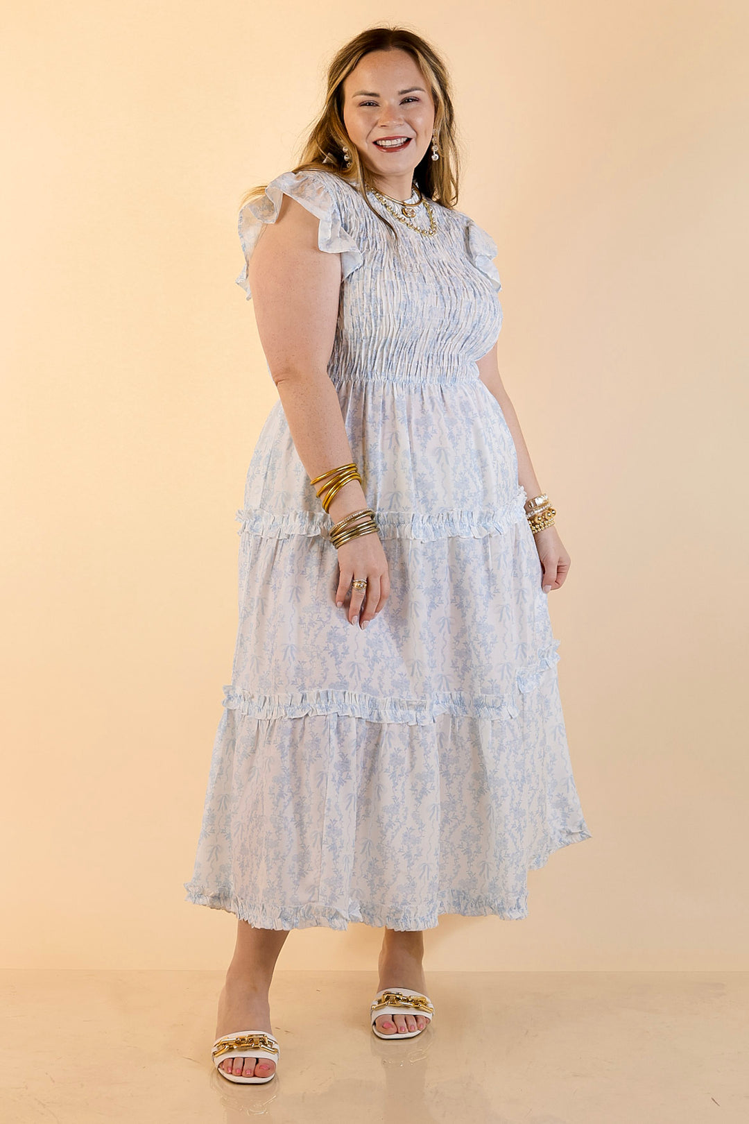 Mud Pie | Graceful Charm Smocked Toile Print Tiered Midi Dress with Ruffle Sleeves in Blue and White