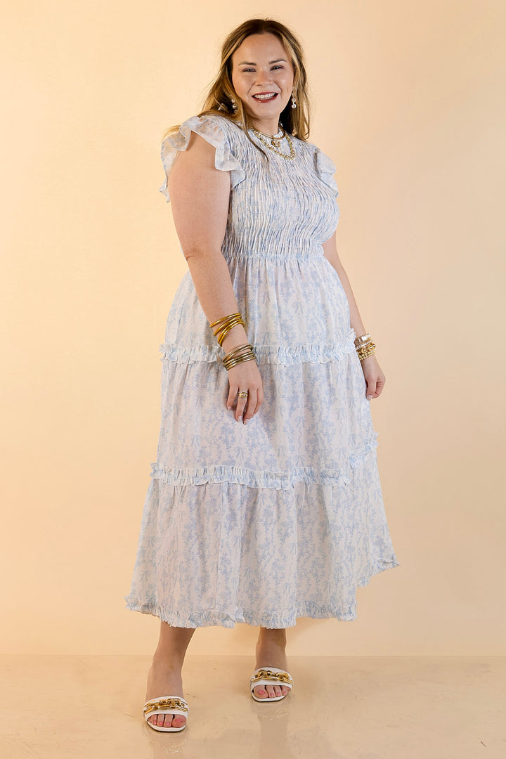 Mud Pie | Graceful Charm Smocked Toile Print Tiered Midi Dress with Ruffle Sleeves in Blue and White