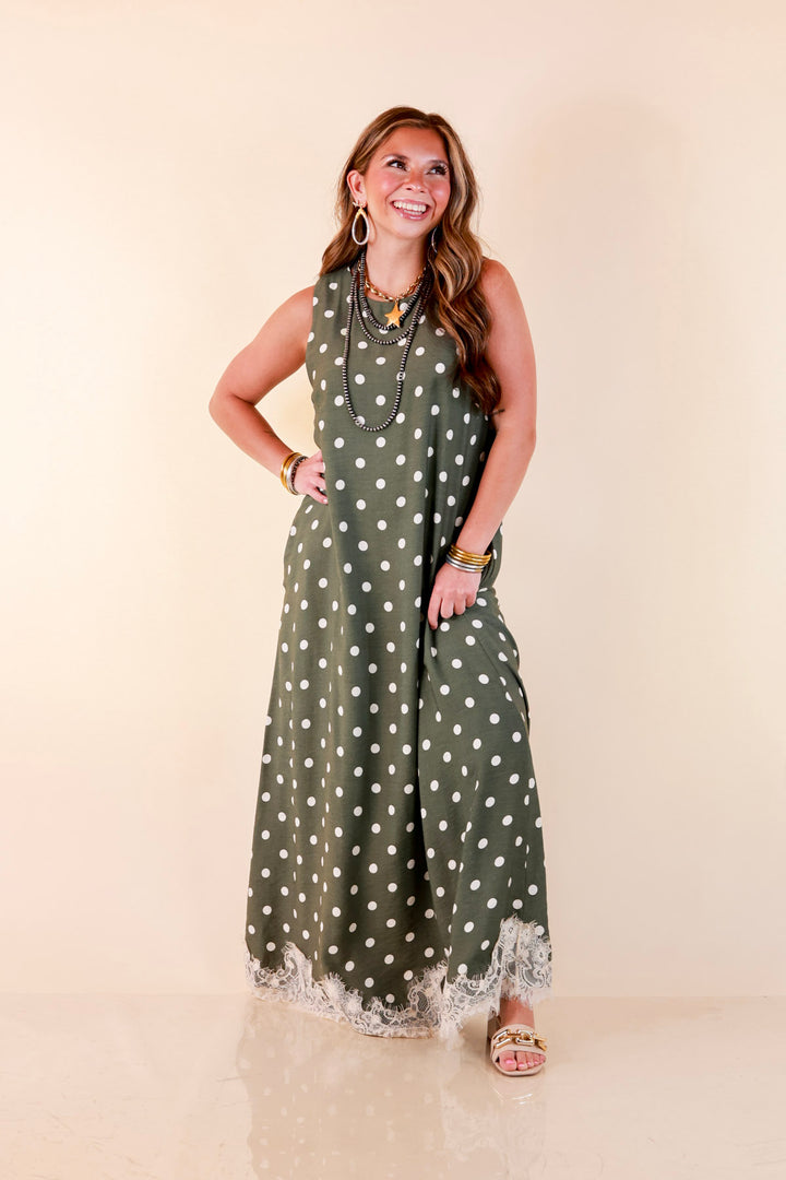 Sweet Little Something Polka Dot Sleeveless Maxi Dress with Lace Trim in Olive Green