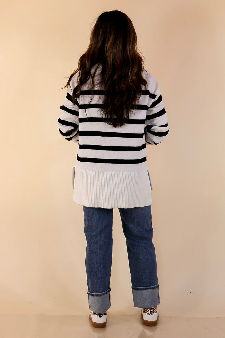 Chilly Day Charm Mock Neck Long Sleeve High-Low Striped Sweater in Ivory with Black Stripes