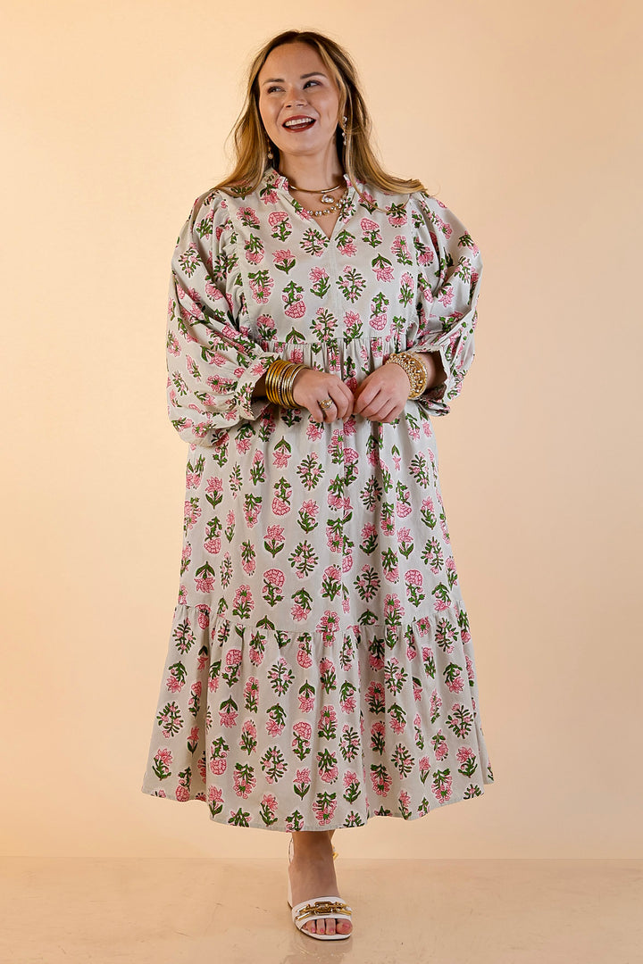 Mud Pie | Lovely Impression Cotton Poplin Floral Midi Dress with Ruffle Collar and Puff Sleeves in Sage Multi