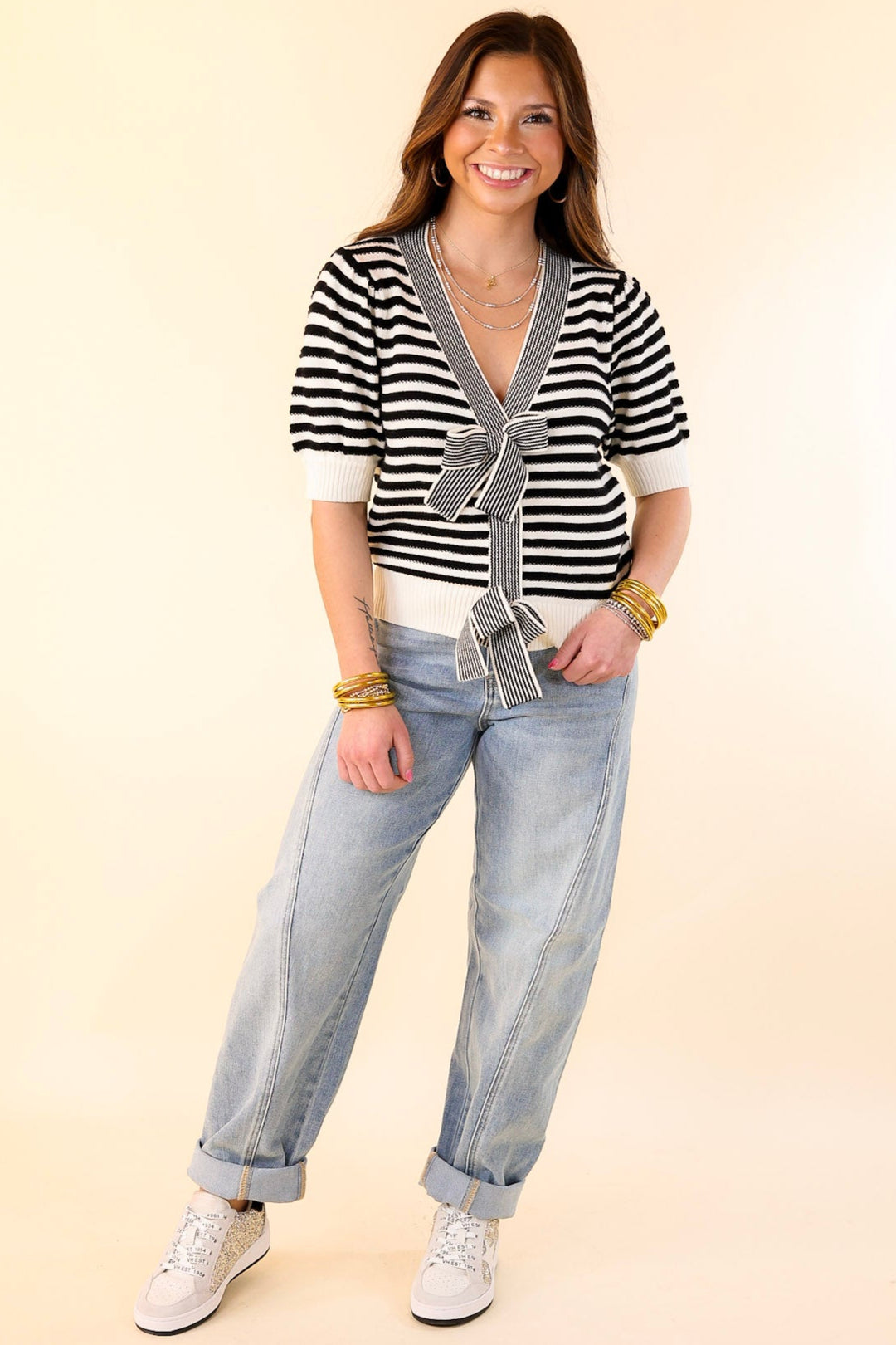 Notice Me Now Short Sleeve V Neck Striped Sweater with Bows in Off White and Black