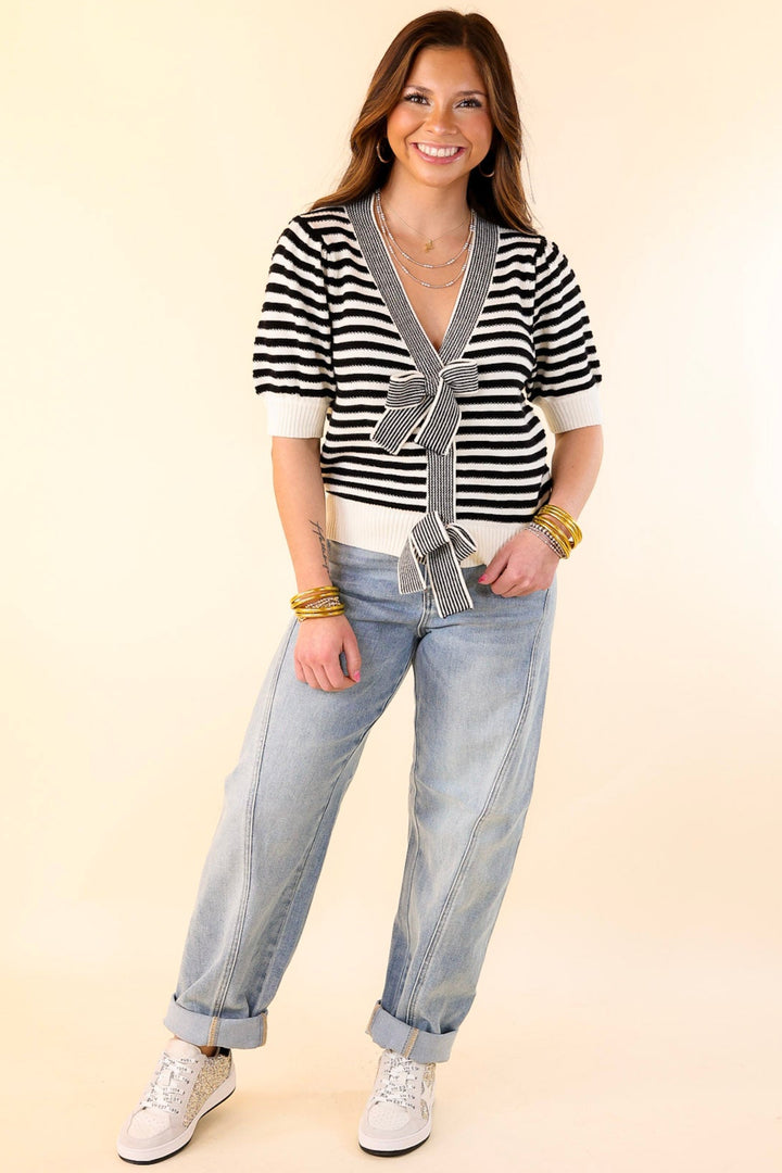 Notice Me Now Short Sleeve V Neck Striped Sweater with Bows in Off White and Black