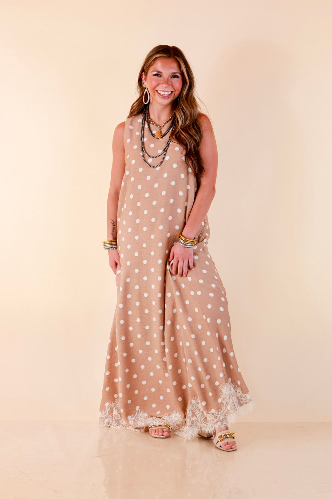 Sweet Little Something Polka Dot Sleeveless Maxi Dress with Lace Trim in Tan
