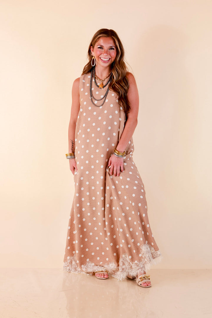 Sweet Little Something Polka Dot Sleeveless Maxi Dress with Lace Trim in Tan
