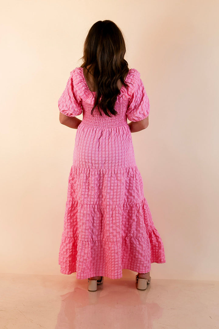 Simply Southern | Radiant Moment Textured Smocked Bodice Tiered Maxi Dress with Puff Sleeves in Pink