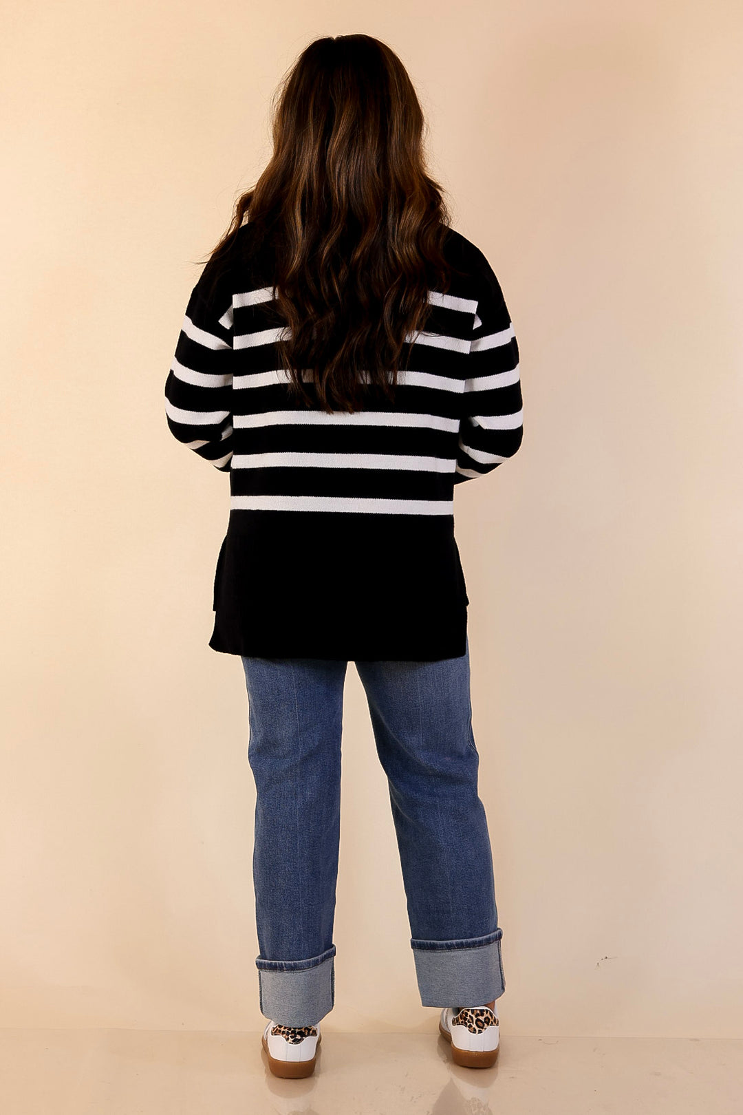 Chilly Day Charm Mock Neck Long Sleeve High-Low Striped Sweater in Black with Ivory Stripes