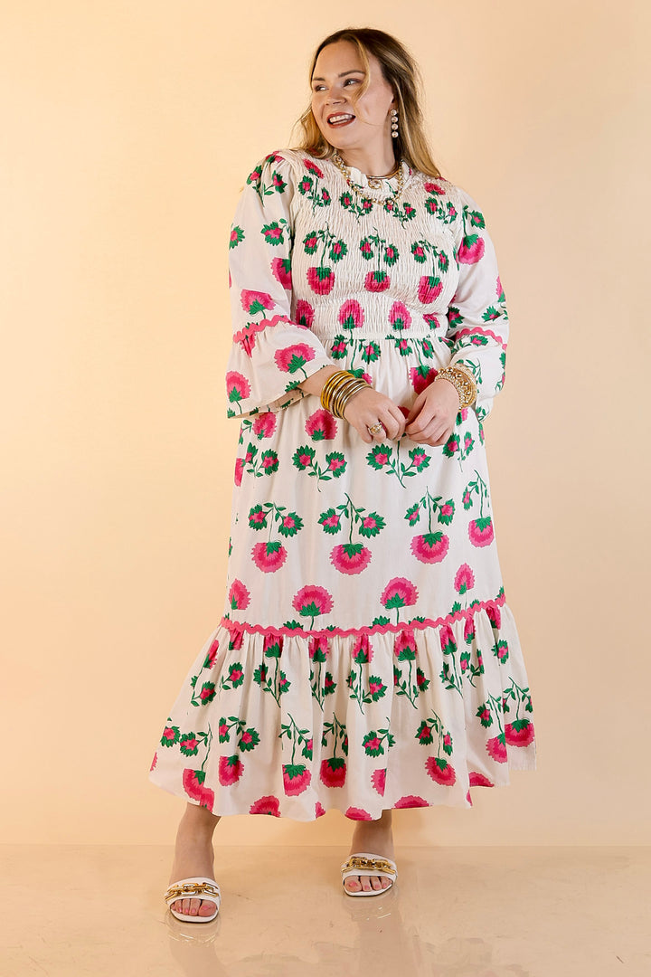 Mud Pie | Petal Parade Smocked Floral Print Tiered Midi Dress with Scallop Trim in Cream Multi
