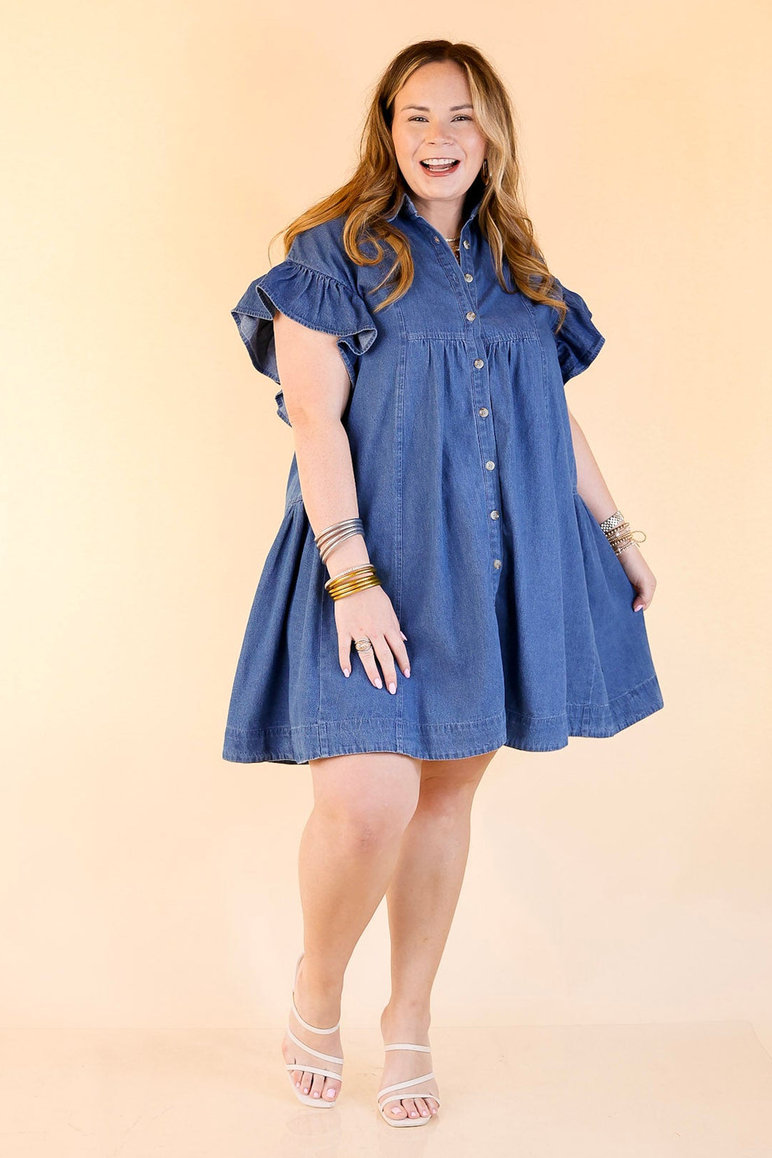 Denim Darling A-Line Button-Up Dress With Ruffle Sleeves and Collar in Classic Blue