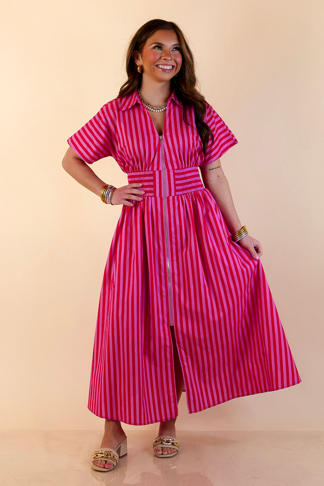 Modern Charm Zip Front Midi Striped Print Dress with Smocked Waist and Short Sleeves in Pink and Red