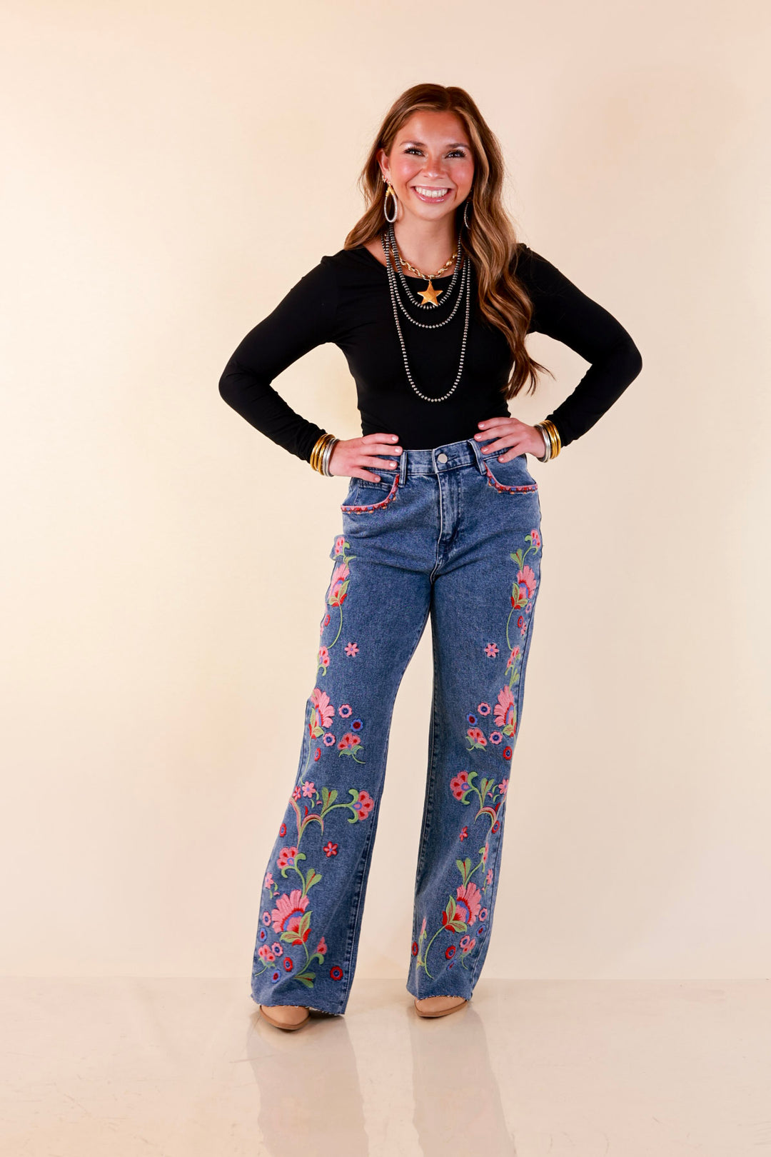 Artfully Yours Straight Leg Raw Hem Embroidered Denim Jeans in Medium Wash