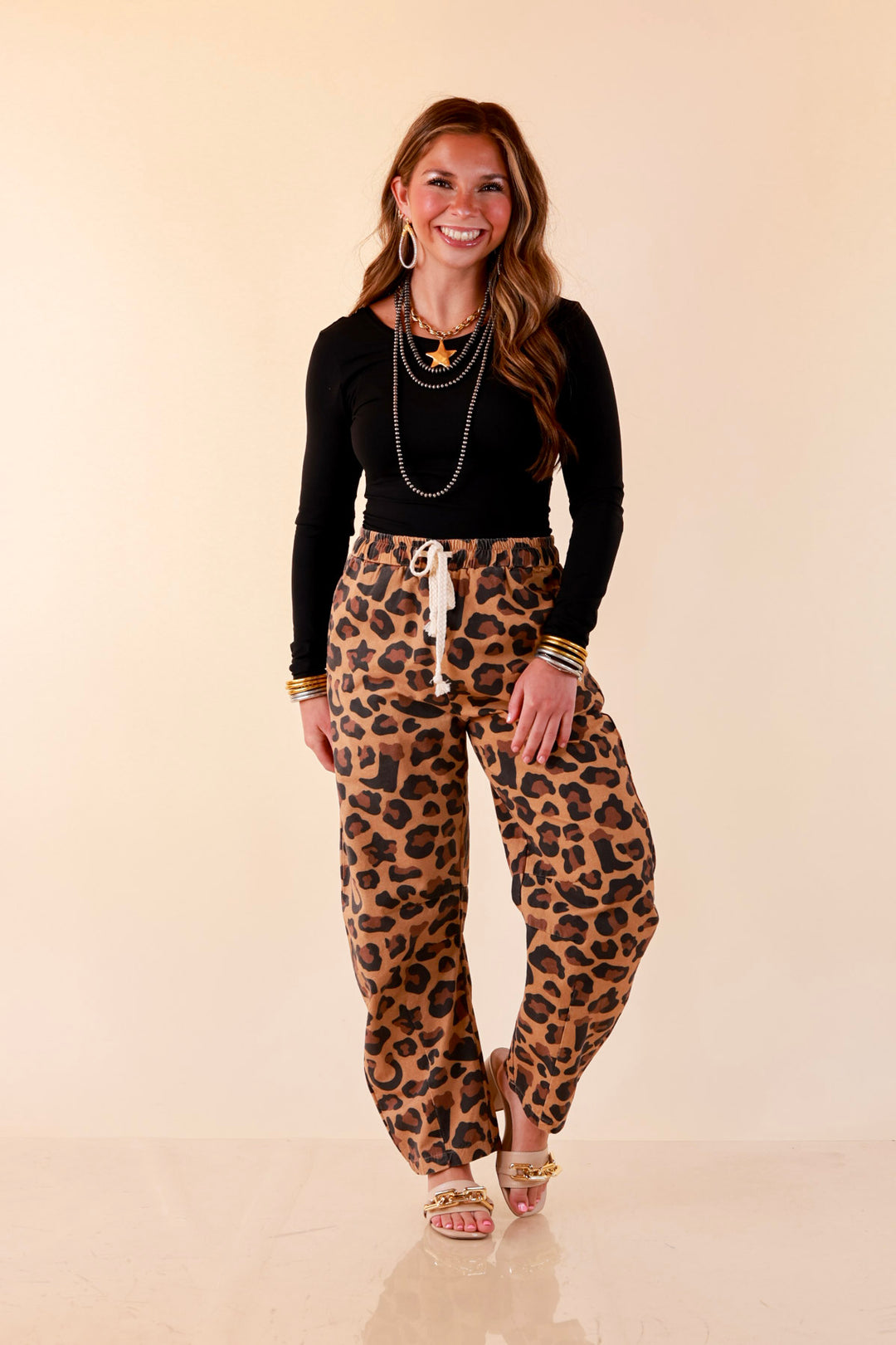 Modern Drama Leopard Print Wide Leg Barrel Jeans with Elastic Drawstring Waist in Camel Brown