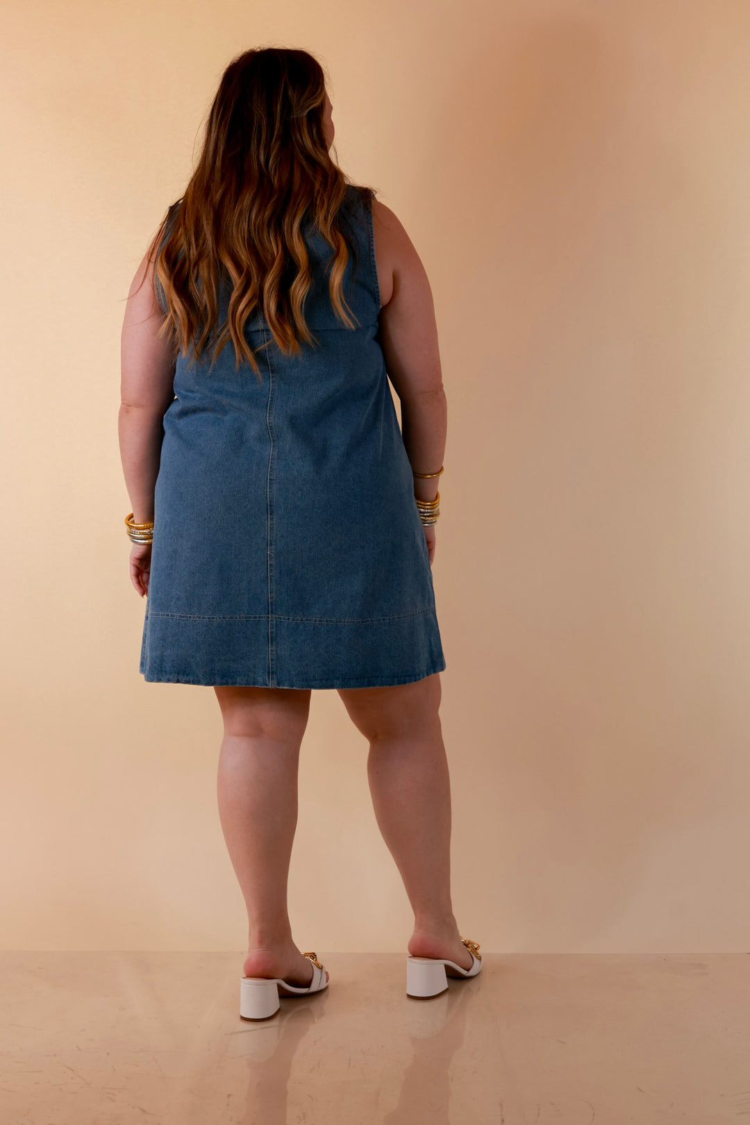 Easy on Repeat Collared Sleeveless Denim Dress with Horse Bit Detailing in Medium Wash