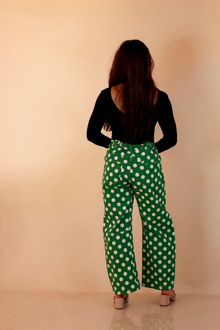 Just My Type Polka Dot Wide Leg Barrel Jeans with Drawstring Waist and Pockets in Green and White