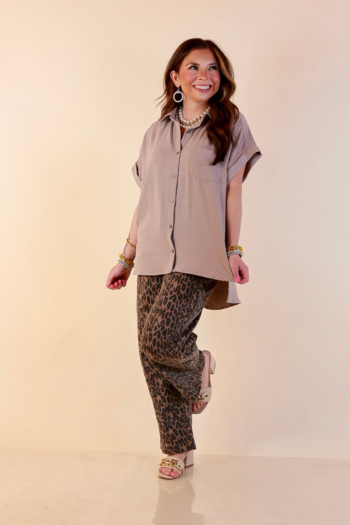 Timeless Appeal Woven Airflow Button Front Top with Rolled Cuff Short Sleeves and Front Pocket in Light Mocha Brown