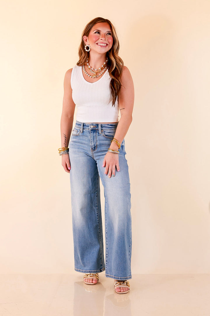 Simply Essential Sleeveless Ribbed Knit V Neck Tank Top in White