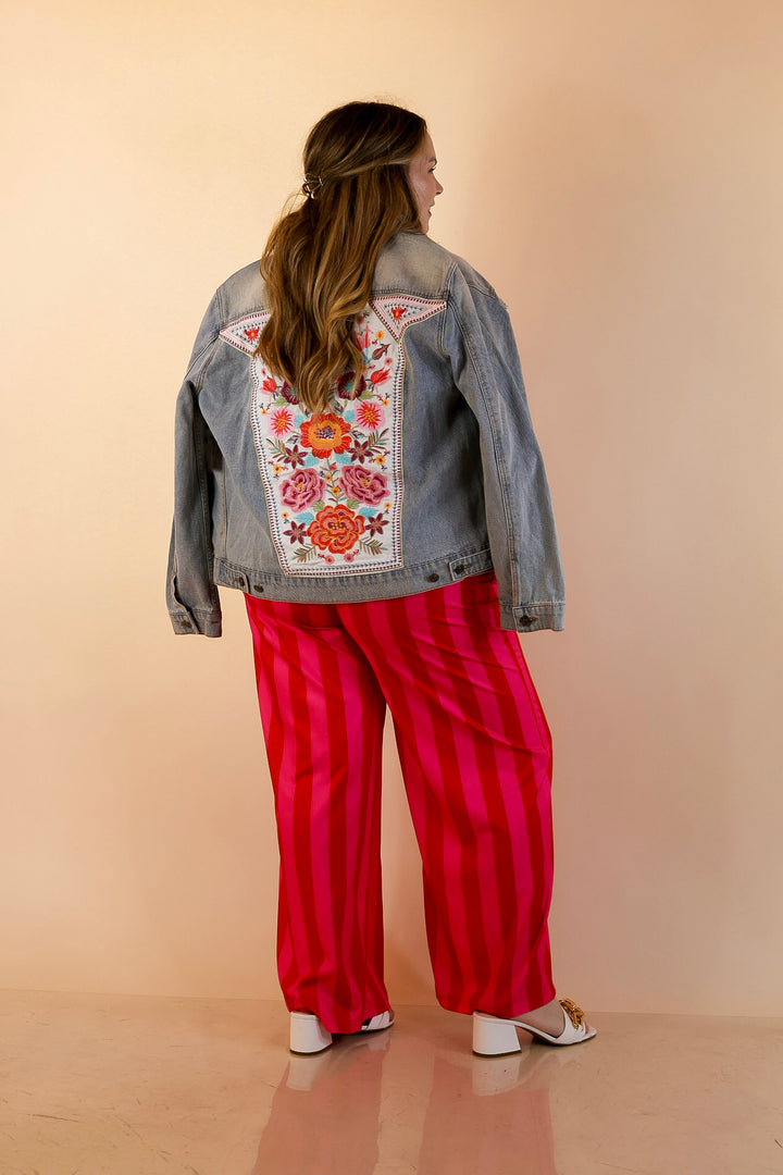 Electric Energy Elastic Waist Wide Leg Stripe Pants with Pockets in Pink and Red