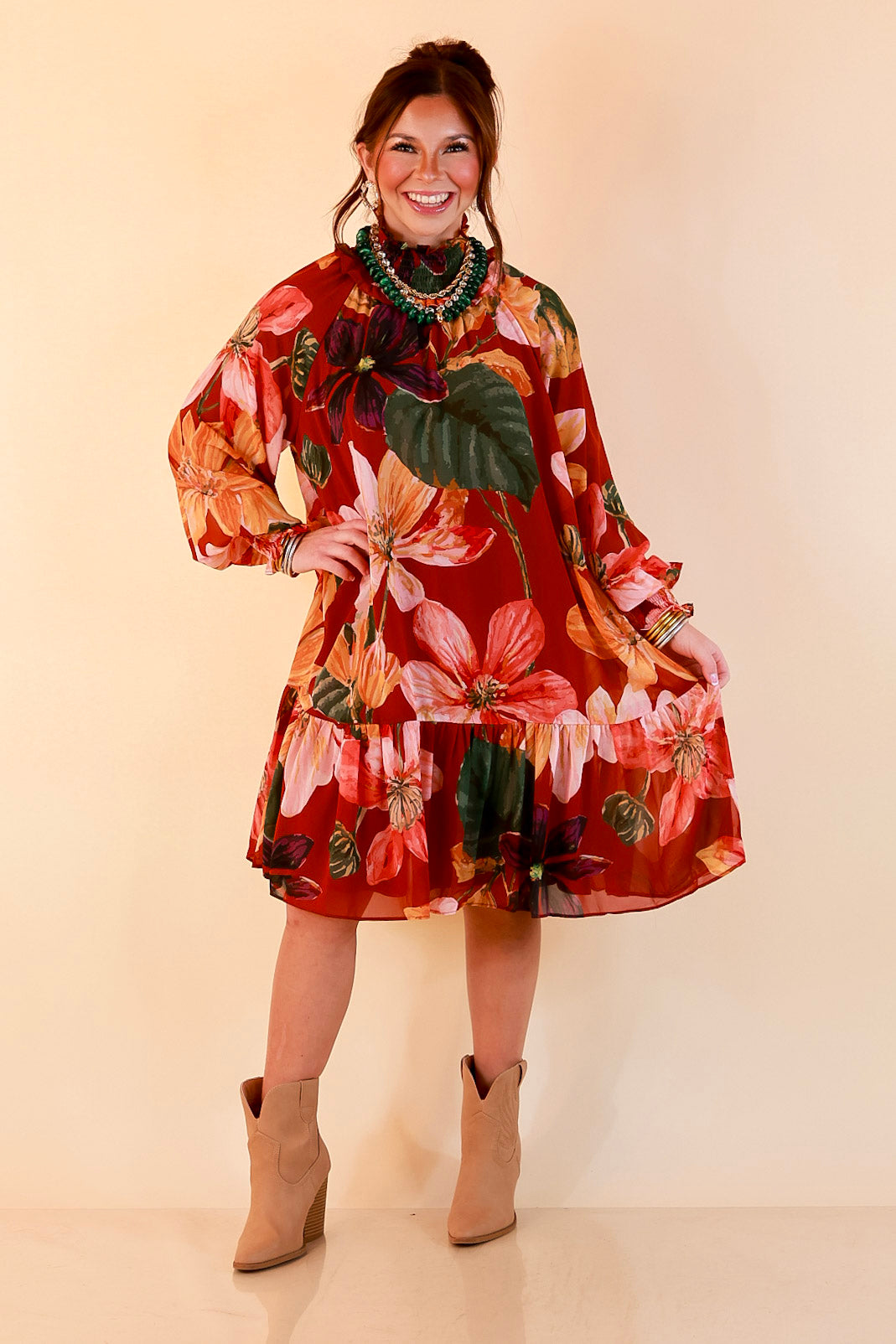 Autumn Romance Ruffle Neck Long Sleeve Floral Peplum Dress in Rust Red Multi