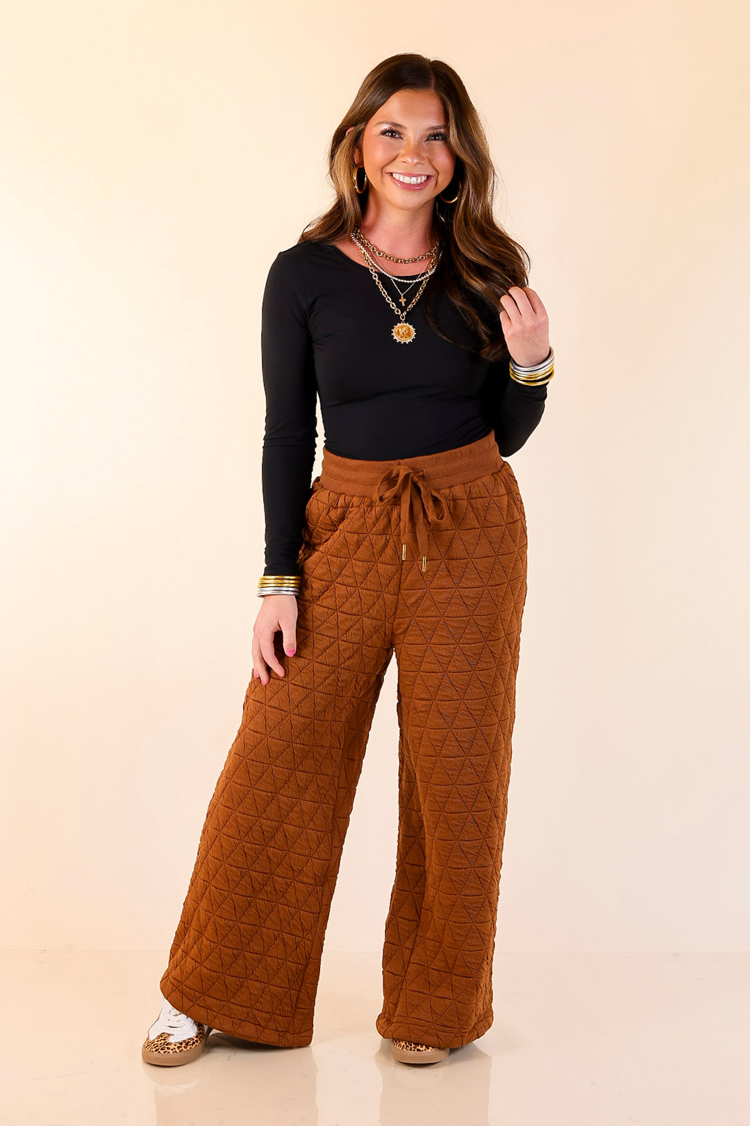 Everyday Elevated Quilted Wide Leg Drawstring Pants with Elastic Waistband in Rust Brown