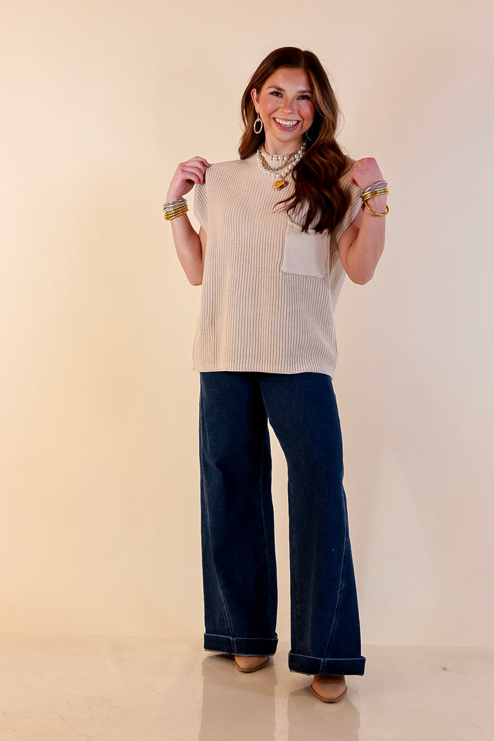 Repeat Ready Cap Sleeve Sweater with Front Pocket in Natural Beige