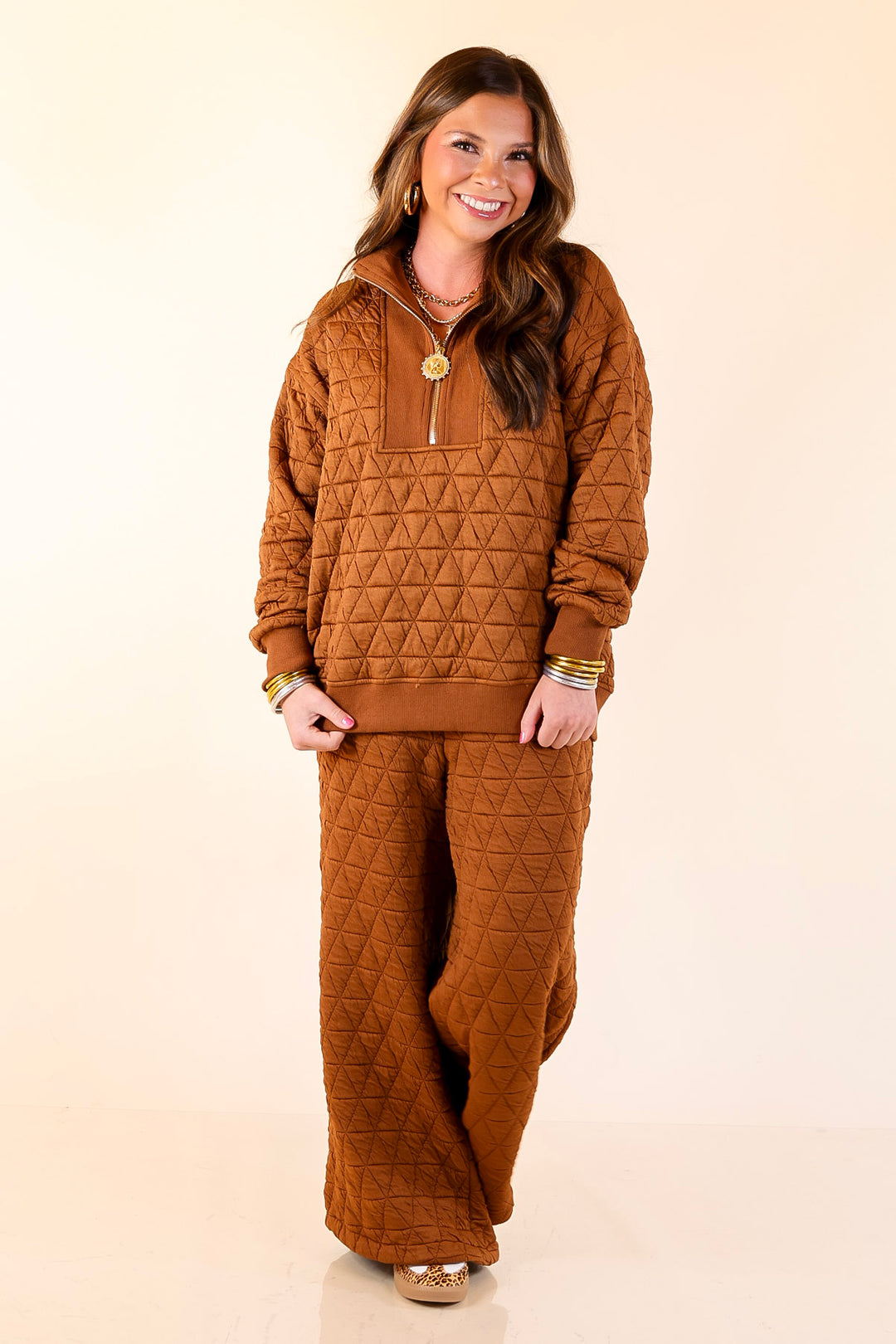 Everyday Elevated Quilted Half Zip Pullover Top in Rust Brown