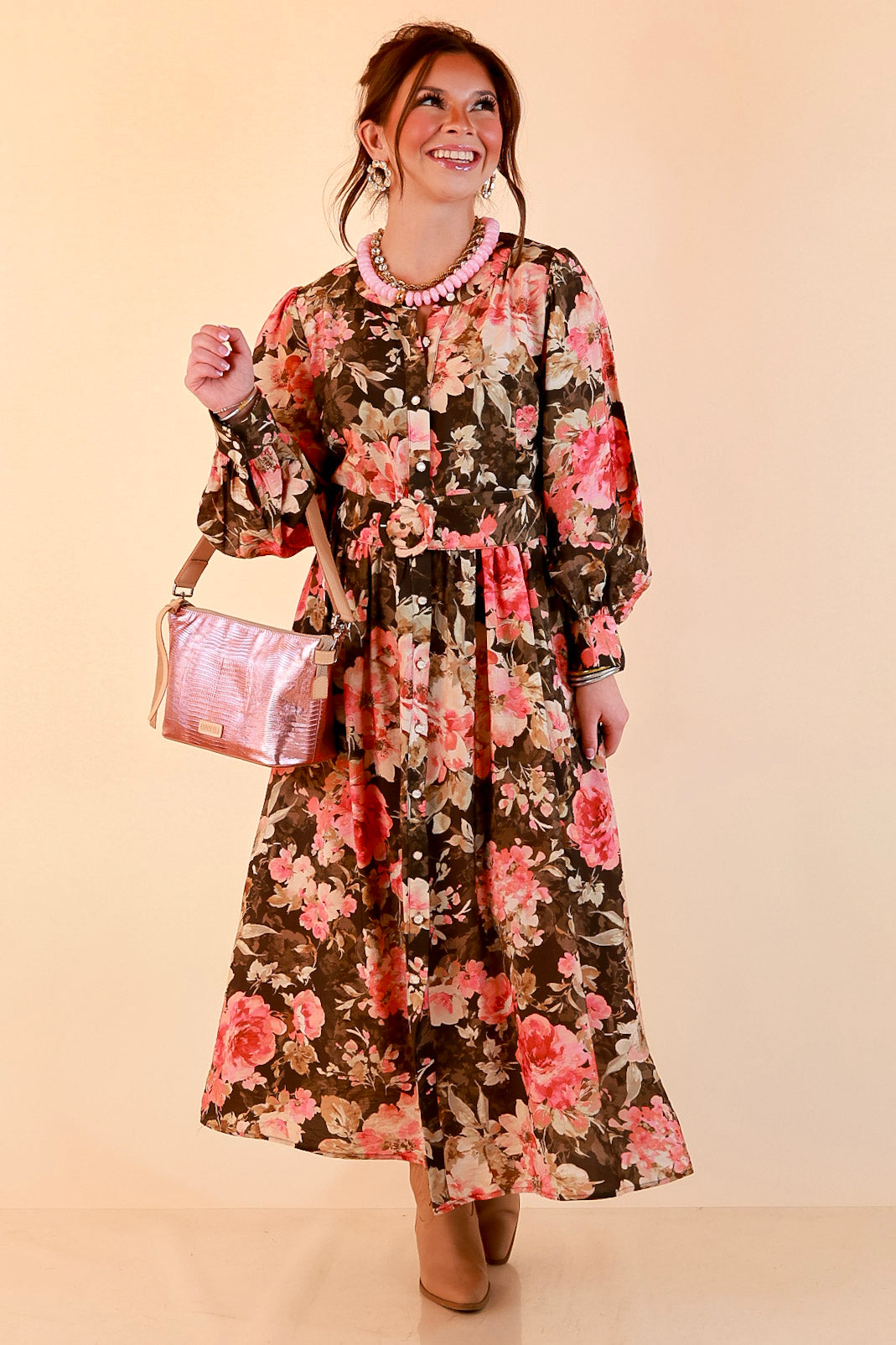Written in the Roses Long Sleeve Floral Button Front Belted Midi Dress in Olive Green Multi