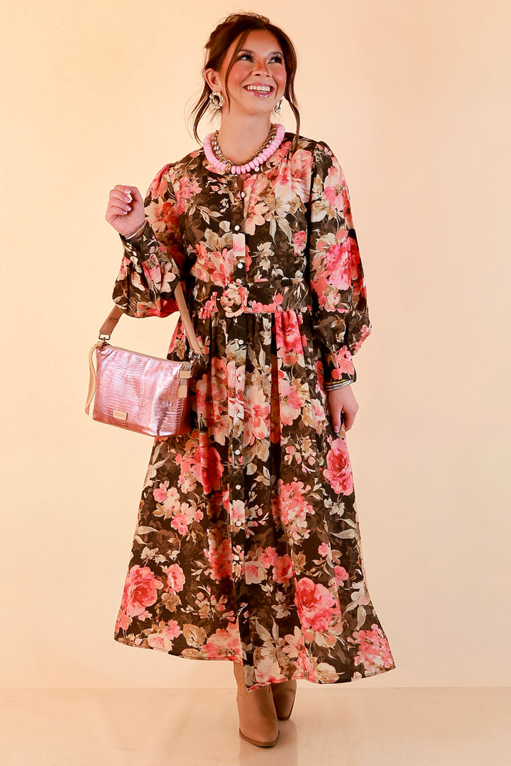 Written in the Roses Long Sleeve Floral Button Front Belted Midi Dress in Olive Green Multi
