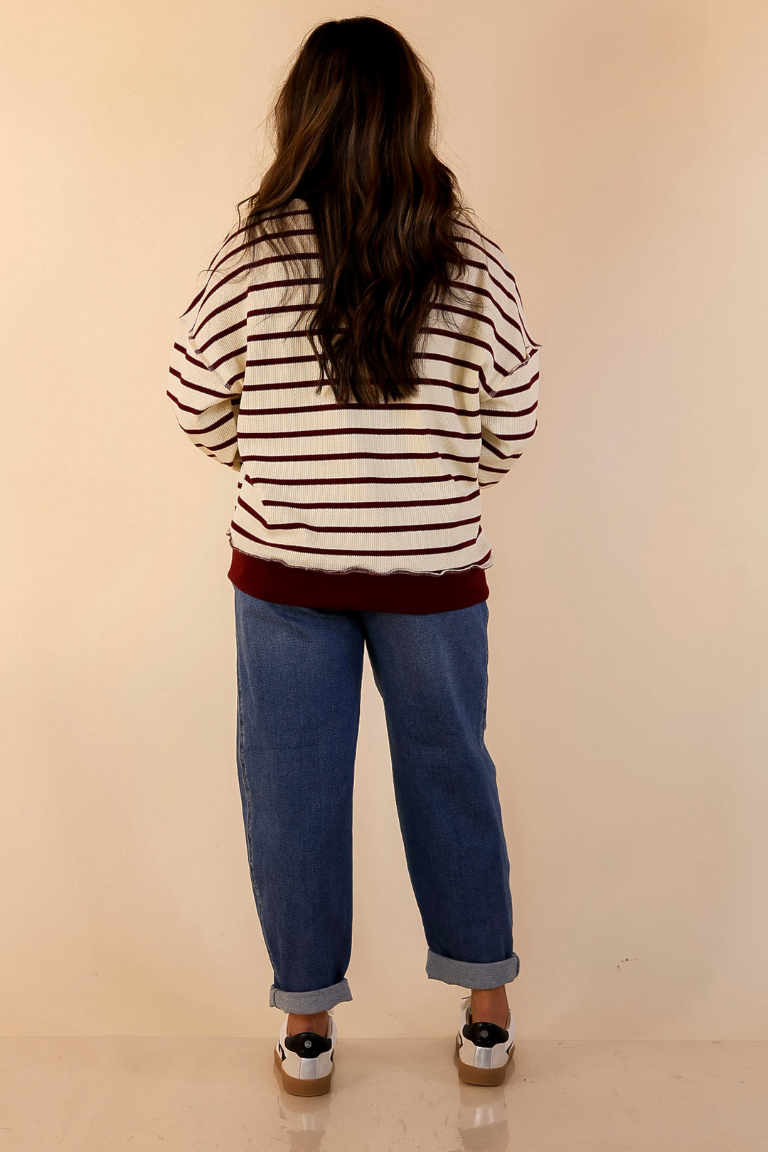 Casual Edge Long Sleeve Striped Henley Knit Top with Dropped Shoulders in Ivory with Maroon Stripes