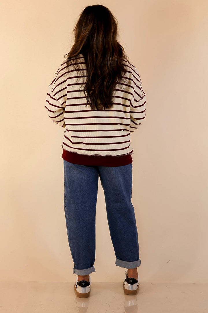 Casual Edge Long Sleeve Striped Henley Knit Top with Dropped Shoulders in Ivory with Maroon Stripes