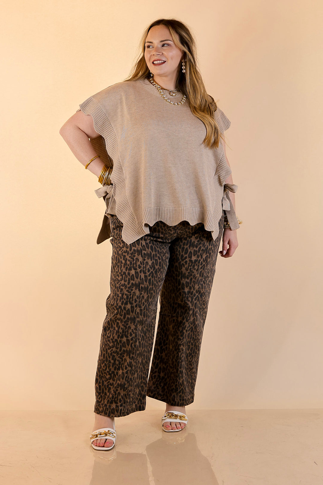 Mud Pie | Sweet Simplicity Scalloped Edge Side Tie Knit One Sized Poncho Sweater in Tan
